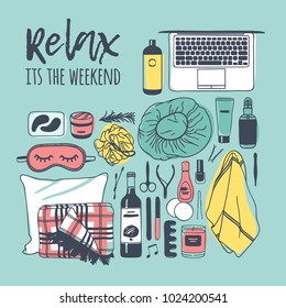 Hand drawn illustration relax set. Creative ink art work. Actual vector drawing weekend tools