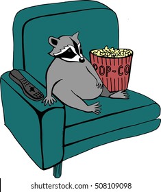 Hand drawn illustration of a relaxing raccoon on the coach