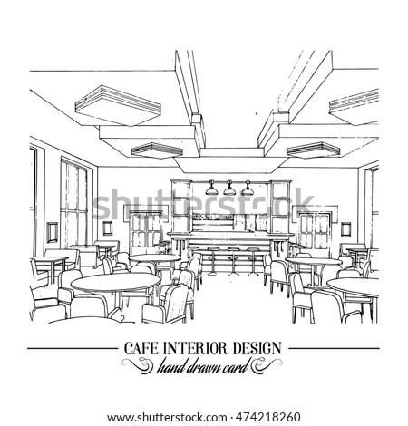 Hand drawn illustration of restaurant interior design made in line style. Cafe interior in realistic style. Template for business card poster and banner.