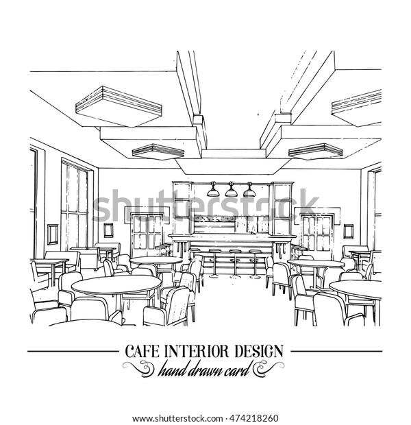 レストランのインテリアデザインを描いた手描きのイラストを ラインスタイルで作成 リアルなスタイルのカフェ インテリア 名刺ポスターとバナー用のテンプレート のベクター画像素材 ロイヤリティフリー