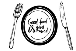  Hand Drawn Illustration For Restaurants, Cafe, Menu. Plate, Fork, Knife And Pancakes. Good Food Is Good Mood.
