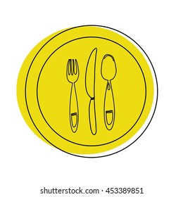 .Hand drawn illustration for restaurants, cafe, menu. Plate, fork, knife and spoon.