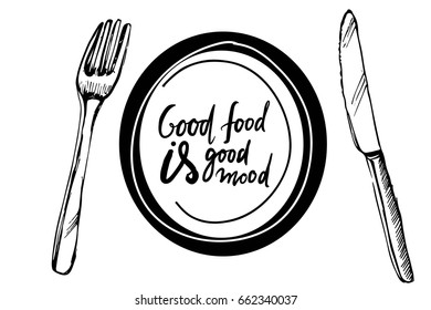  Hand drawn illustration for restaurants, cafe, menu. Plate, fork, knife and pancakes. Good food is good mood.