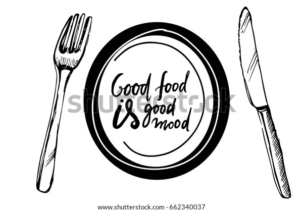 レストラン カフェ メニューの手描きのイラスト 皿 フォーク ナイフ パンケーキ おいしい食べ物はムードが良い のベクター画像素材 ロイヤリティフリー 662340037