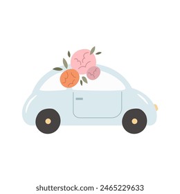 Handgezeichnete Illustration von Retro-Auto und schöne Blumen isoliert auf weißem Hintergrund