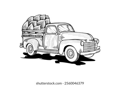 hand drawn illustration of retro car carrying hops