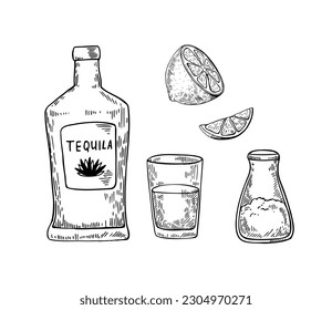 Hand drawn illustration in retro engraving style. Tequila bottle, shot glass and ingredients for cocktail. Vector black and white sketch.