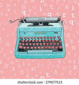 Hand drawn illustration of a retro manual typewriter over a seamless background with floating type. Vector EPS-10 file, transparency used.