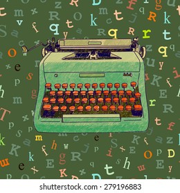 Hand drawn illustration of a retro manual typewriter over a seamless background with floating type. Vector EPS-10 file, transparency used. 