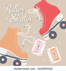 Hand drawn illustration with retro roller skates and cassette tapes. Colorful vector illustration