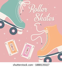 Hand drawn illustration with retro roller skates and cassette tapes. Colorful vector illustration