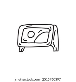 Dibujado a mano ilustración de un televisor retro con una pantalla ondulada y un Grande círculo redondo en la pantalla. La Imagen se puede utilizar como un ícono de TV vintage.