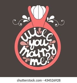 Hand drawn illustration with ring and lettering. Sketch background vector. Doodle design Will you marry me