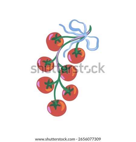 Hand drawn illustration of ripe cherry tomatoes hanging on a green vine, tied with a decorative blue ribbon on white background. Vector design