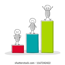 Hand drawn illustration with rising column graph and cartoon people. Vector.