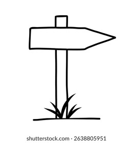 Hand drawn illustration of road sign, pointer, arrow made of wood in doodle style