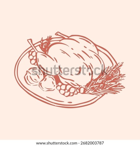 Hand drawn illustration of a roasted turkey with vegetables and herbs on a plate, symbolizing Thanksgiving Day, autumn harvest, and a warm family dinner celebration.