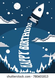 Hand drawn illustration with rocket, clouds, moon and lettering. Colorful background vector. Happy birthday, poster design. Decorative backdrop, english text. Greeting card, happiness concept, wish