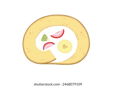 Ilustración dibujada a mano de la torta del rollo con un montón de frutas