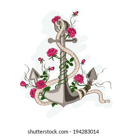 Hand drawn illustration of romantic sea anchor entwined with rose flowers