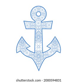 Hand drawn illustration of romantic sea anchor entwined with rose flowers, anchor, zentangle, flower