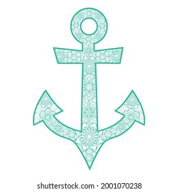 Hand drawn illustration of romantic sea anchor entwined with rose flowers, anchor, zentangle, flower