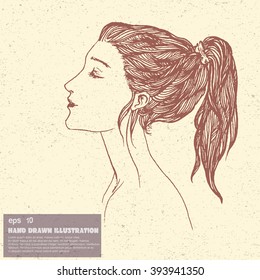 Hand drawn illustration. Romantic vector sketch with long hair dreaming girl. Inspirational typography poster, t-shirt print, home decoration art, tattoo sketch.