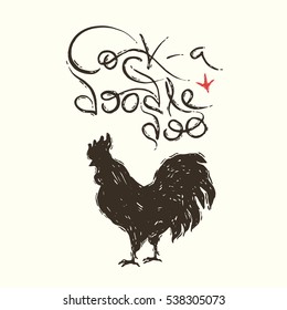 Hand drawn illustration of the rooster with inscription Cock-a-Doodle-Doo svg