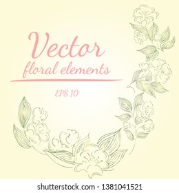 Hand drawn illustration of roses or peonies flowers branches with living coral, green, sage, white nectar colors. floral frame design elements for invitations, greeting cards, posters, blogs