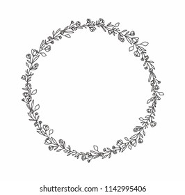 Hand drawn illustration. Round frame beautiful wreath with leaves, branches, flowers. Design for wedding invitations, greeting cards, save the date invitation, prints, postcards.