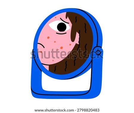 Hand drawn illustration of round tabletop mirror with face reflection. Flat vector sad girl looks at her skin problems doodle. Acne or pimple sticker. Beauty standards concept. Isolated.