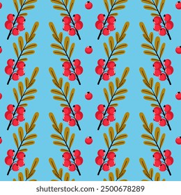 Hand drawn illustration of rowan, viburnum, cartoon vector illustration. Red berries, leaves