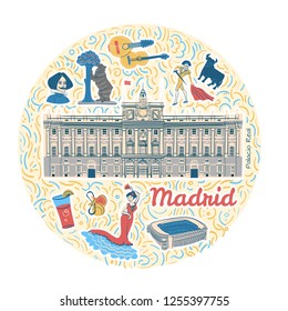 Hand drawn illustration with Royal Palace of Madrid, capital city famous  landmarks and symbols. Isolated clipart  with Spanish attractions. Design elements in circle composition. 