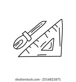 Hand drawn illustration of a ruler and a pencil, school supplies for drawing and geometry. Back to school and education concept.