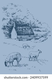 Hand drawn illustration of rural landscape with haus and sheep