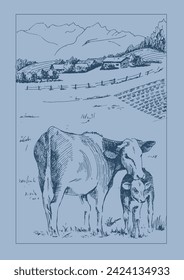 Hand drawn illustration of rural landscape with haus and cow. Pen sketch converted to vector drawing