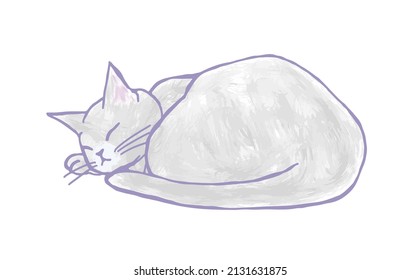 Ilustración de mano de un gato azul ruso se acurrucó dormido.