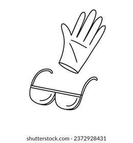 Dibujo manual de gafas de seguridad y guantes. Iconos del garabato. Esbozo negro dibujado a mano. Símbolo de signo. Elemento decorativo. Fondo blanco. Aislado. Diseño plano. Ilustración vectorial.