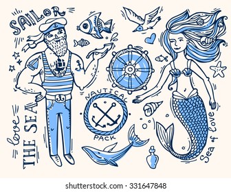 Hand drawn illustration sailor and mermaid. Doodle native drawing.