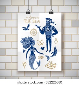 Hand drawn illustration sailor and mermaid. Doodle native drawing.