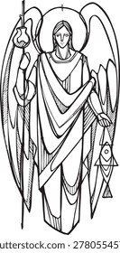 Hand drawn illustration of Saint Raphael the Archangel, heavenly guide and healer, expressing protection, faith, hope, and divine care.