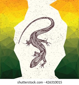 Hand drawn illustration of salamander in line art style with engraved element. Tattoo sketch of lizard isolated on vintage background for web print brochure. Vector Tribal 3D geometric low poly design