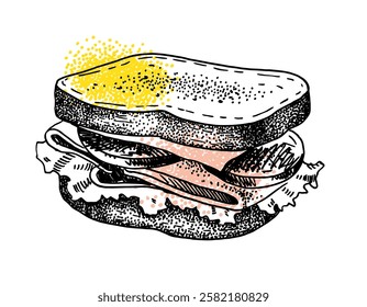 Hand drawn illustration of sandwich. Dish collection template for menu design. Engraved style hand drawn sketch, vector illustration. 