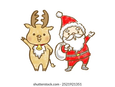 Hand drawn illustration of Santa Claus and his reindeer with one hand raised.