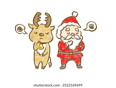 Hand drawn illustration of Santa Claus and his reindeer looking discontented.