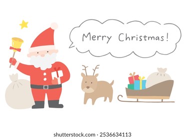 Hand drawn illustration of Santa Claus, reindeer and sleigh