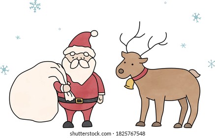 Hand drawn illustration of Santa, reindeer and snowflake