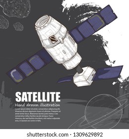 hand drawn illustration of Satellite. space background with Meteorite, Saturn.