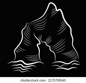 hand drawn illustration of scales, chalk mountain in the sea isolated on dark background. Concept for logo, print, label