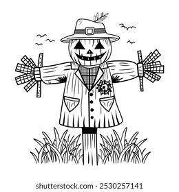 Hand drawn illustration of a scarecrow standing in a field